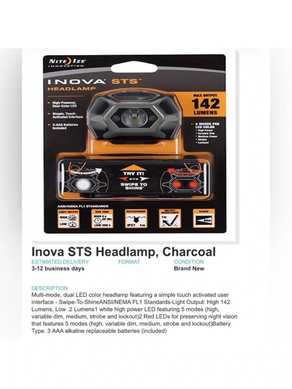 NEW INOVA STS Headlamp Charcoal HLSA 09-R7 sealed Max Output 142 Lumens 5 modes